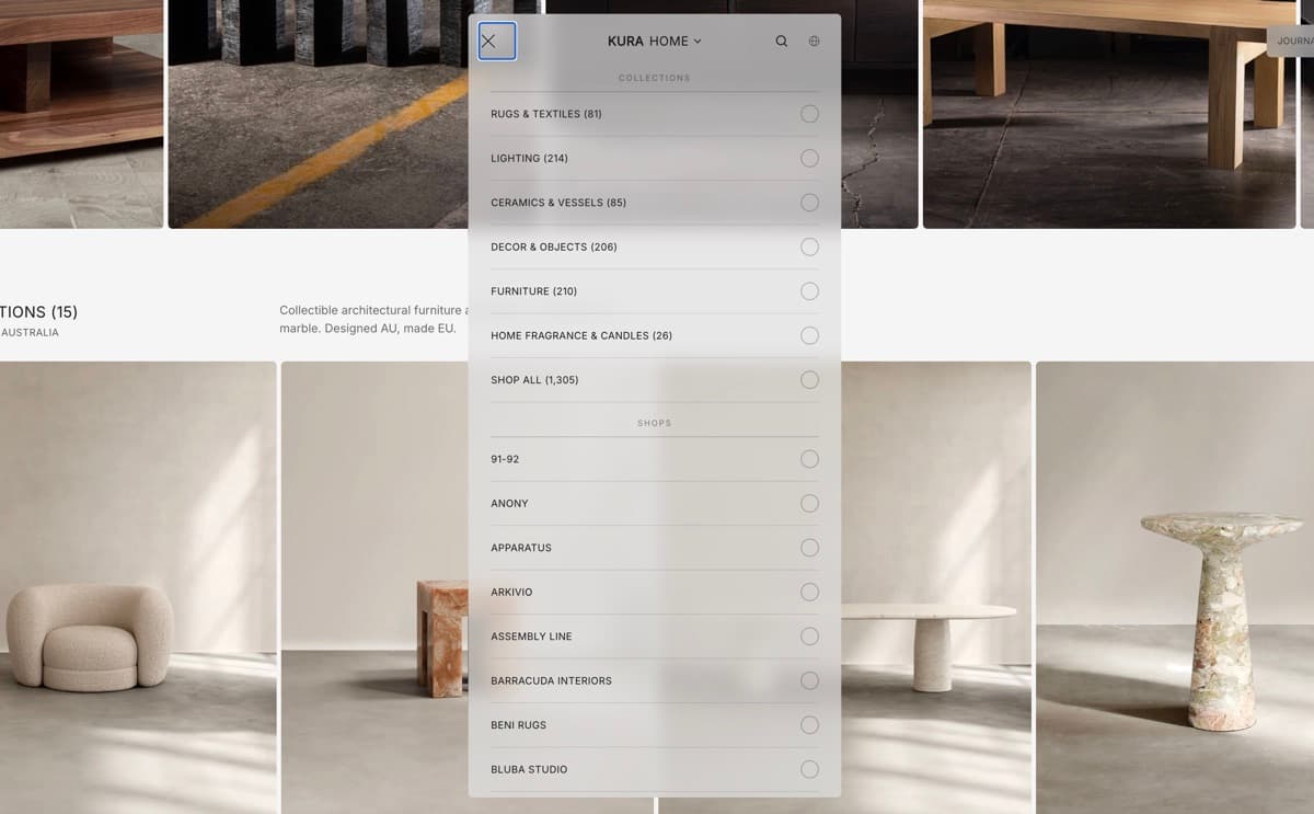 A website menu over a grid of products