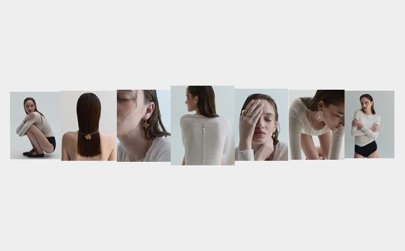 A strip of seven portrait crops on light grey