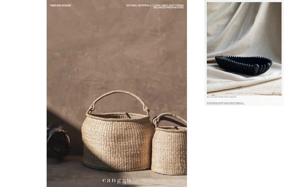 Two Canggu Home web page screens: a photograph of woven baskets and a product detail.