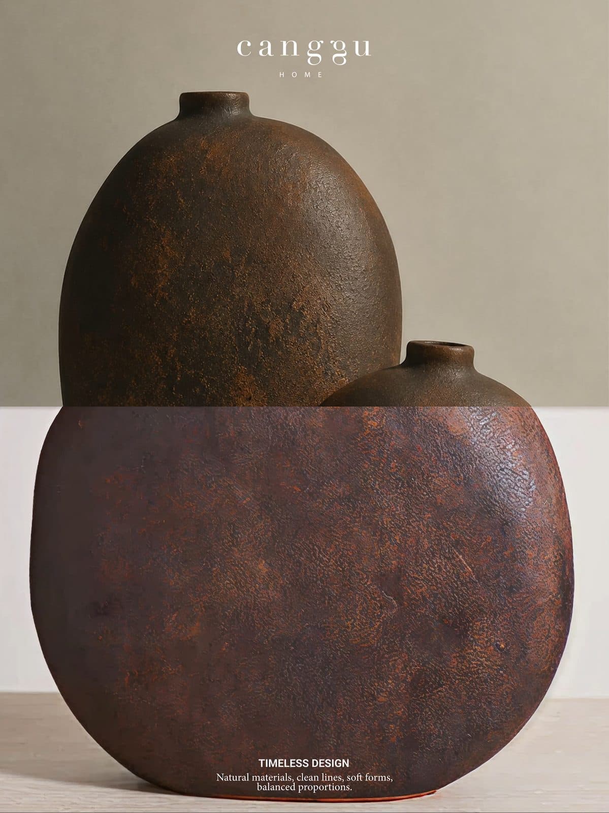 A rust-brown clay vase on a beige backdrop with the words Timeless Design at the foot of the picture.