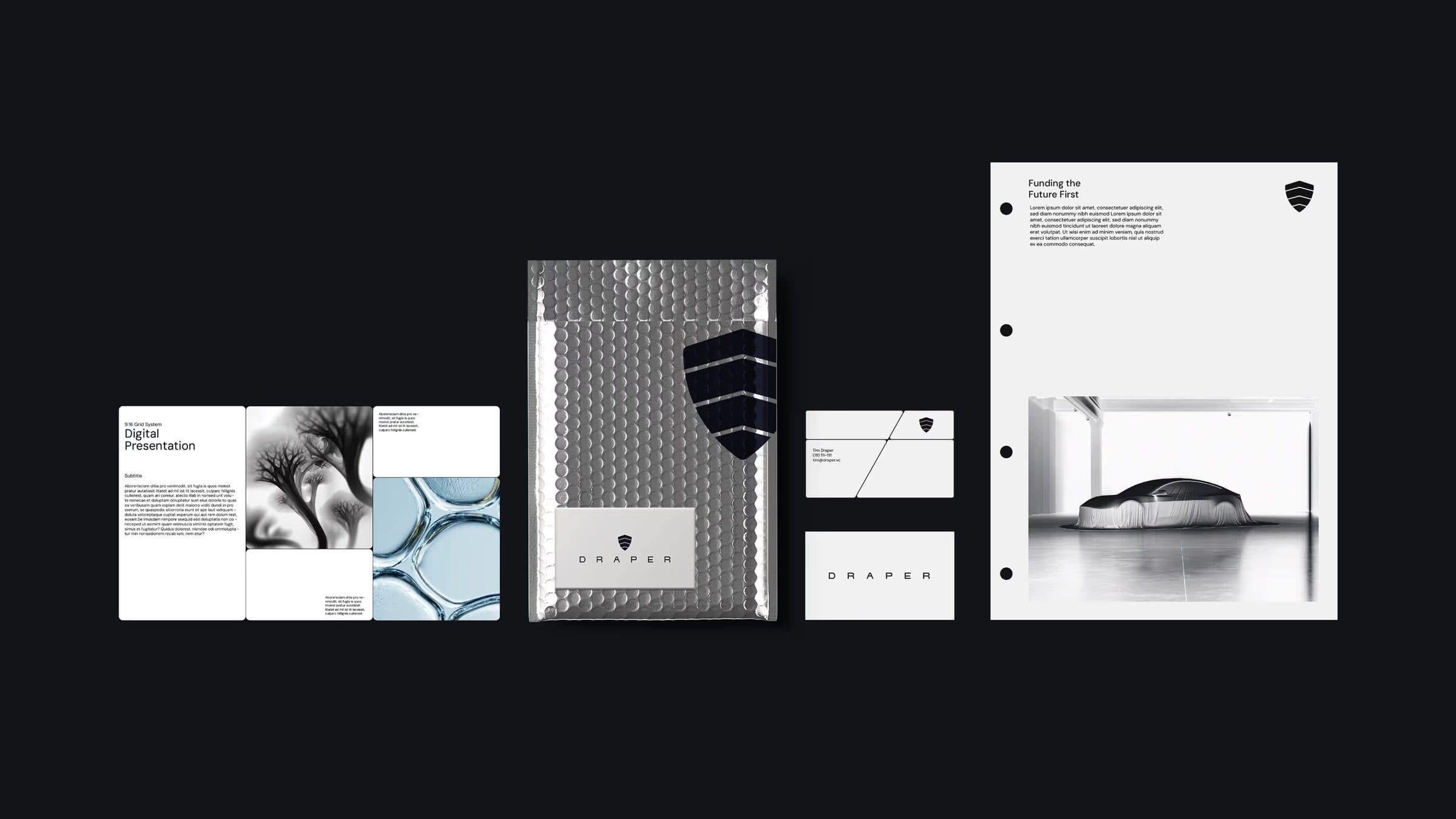 Draper brand pieces on a black ground: presentation pages, a padded mailer with the shield, small cards and a letter.