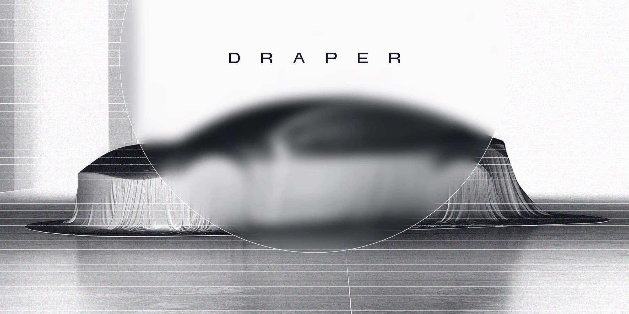 A smooth dark form under a cloth in a bright, empty hall, with the Draper wordmark above it.