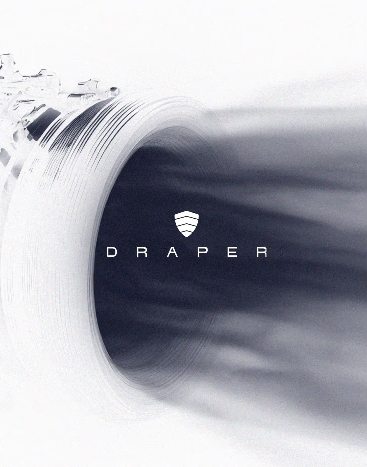 The Draper shield mark and wordmark at the centre of a pale field, with a dark streak of motion blur running in from the left.