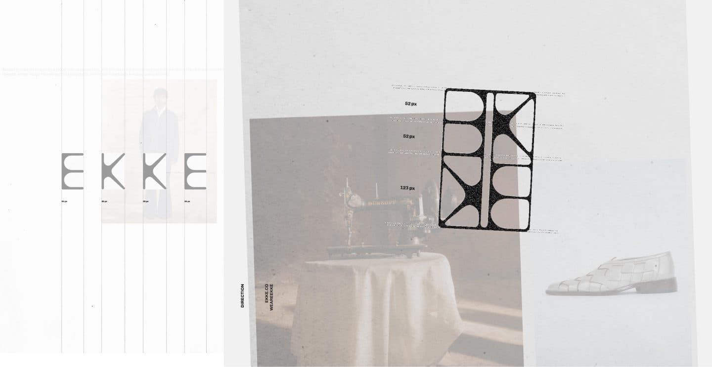 The EKKE wordmark on a pale panel beside a black outlined mark, over a still life and a shoe on white.