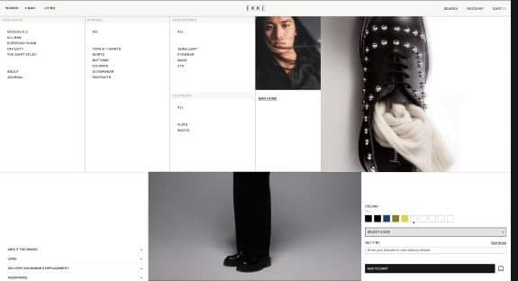 An Ekke website page: a product page with small photographs, text on white and a model in dark trousers.