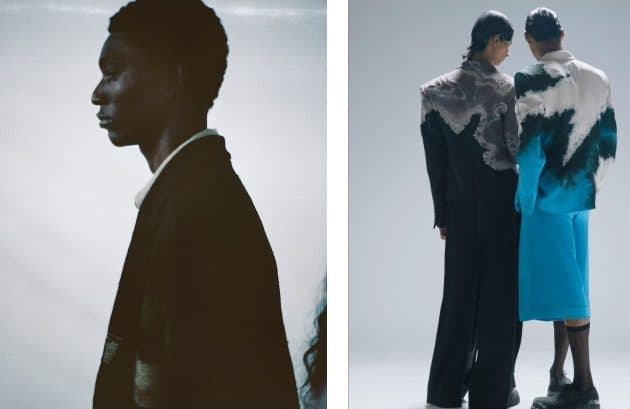 Two photographs side by side: a man in profile against a pale wall, and two people seen from behind in dark and patterned jackets.