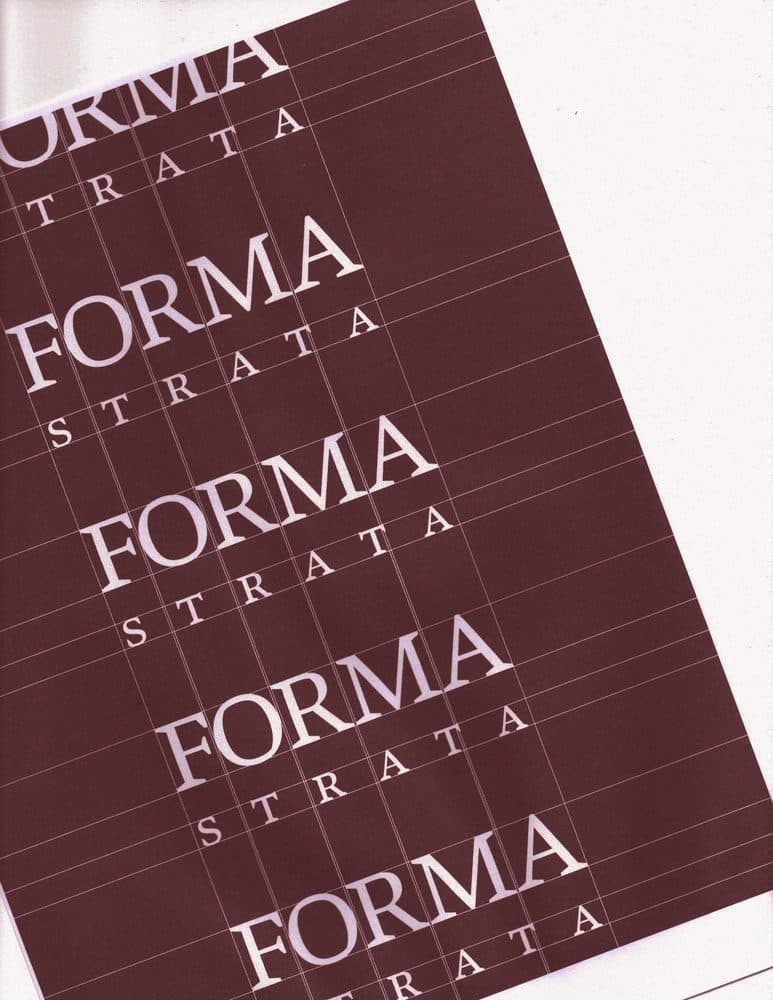 A maroon Forma Strata pattern with the wordmark repeated on a tilted card.