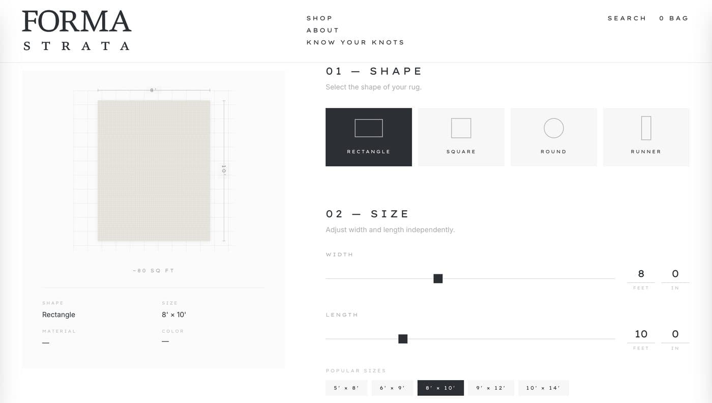 The Forma Strata rug configurator: shape swatches, a size slider and an order summary.
