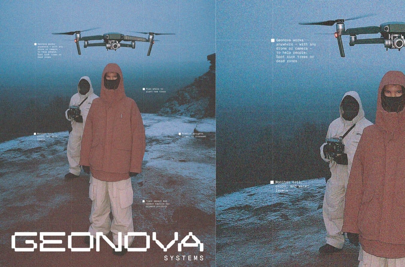 Two photographs of people in red and white hooded jackets on rocky ground under a blue sky, with drones hovering above and the GEONOVA SYSTEMS wordmark at the bottom left.
