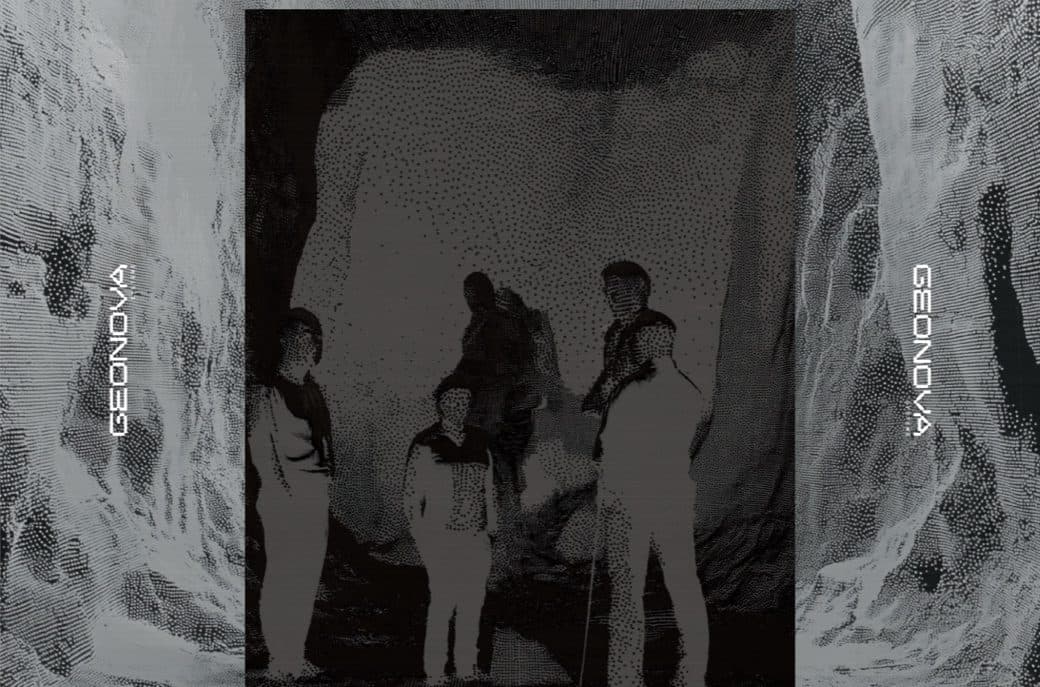 Grey point-cloud rock walls around a dark opening with figures standing inside, and the word GEONOVA set vertically on both sides.
