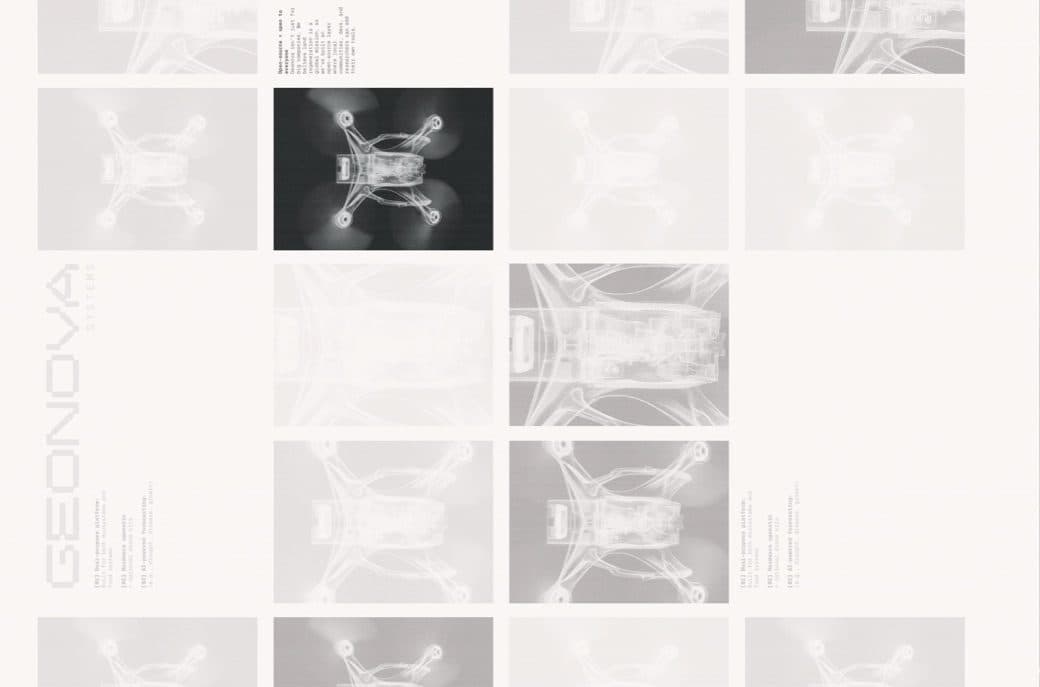 A grid of pale, faded x-ray images of drones, with one dark tile in the second row and a faded vertical wordmark at the left.