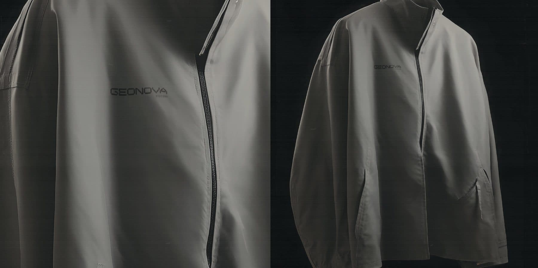 Two views of a light grey technical jacket with a small wordmark on the chest, one facing the camera and one in three-quarter view, against black.