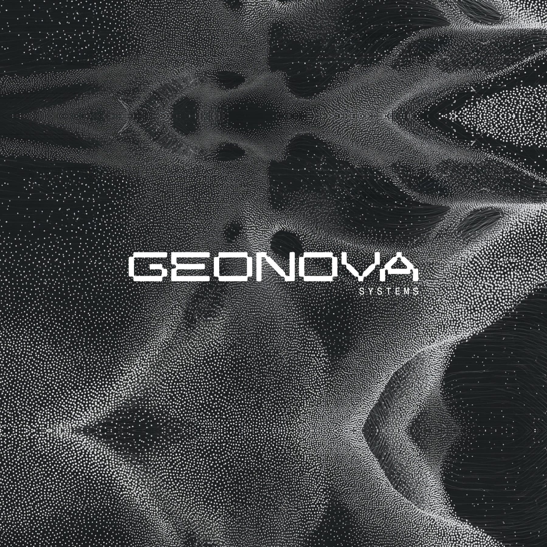 A wave of white points on a black ground, like a scanned landscape, with the word GEONOVA SYSTEMS in white capitals across the centre.