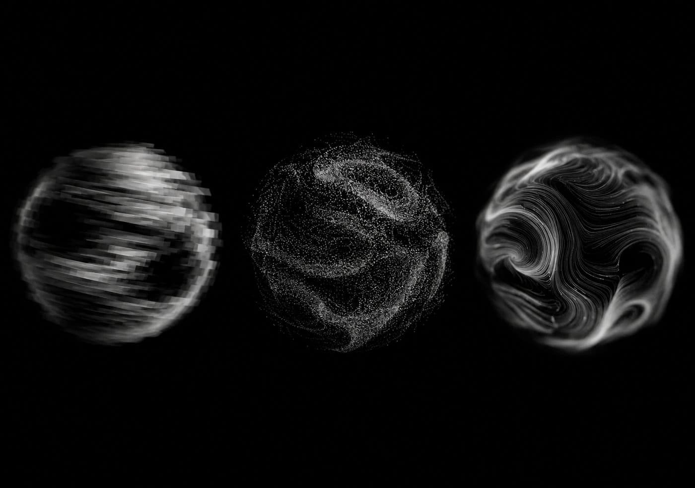 Three spheres in white on black, one streaked, one made of fine dots and one wound in thin lines.