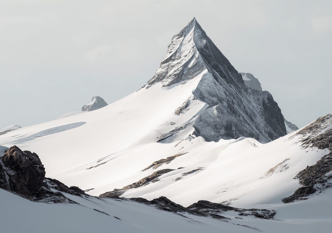 A sharp, snow-covered mountain peak under a pale grey sky.