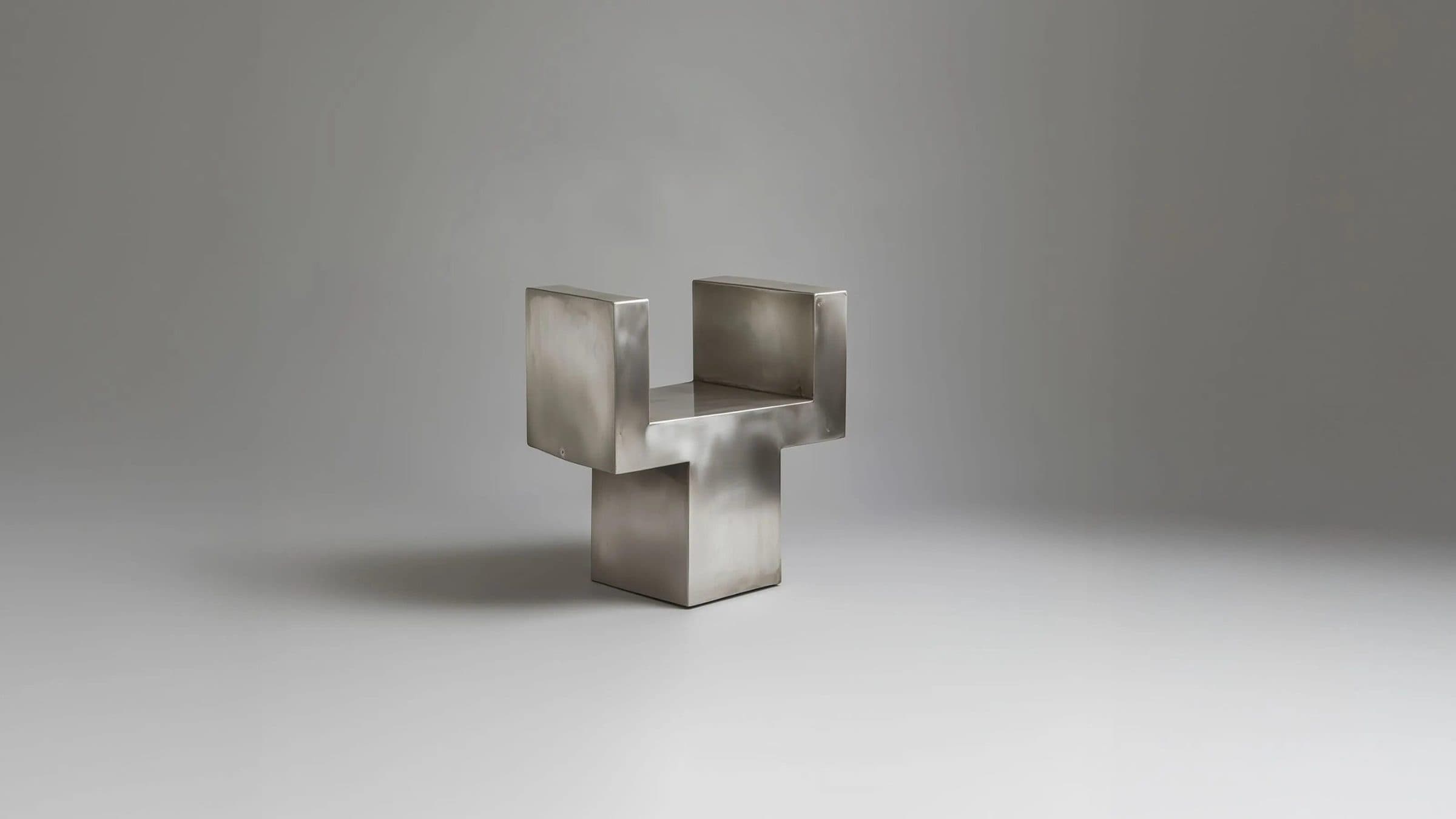 A small folded steel form standing on a pale grey surface against a soft grey wall.