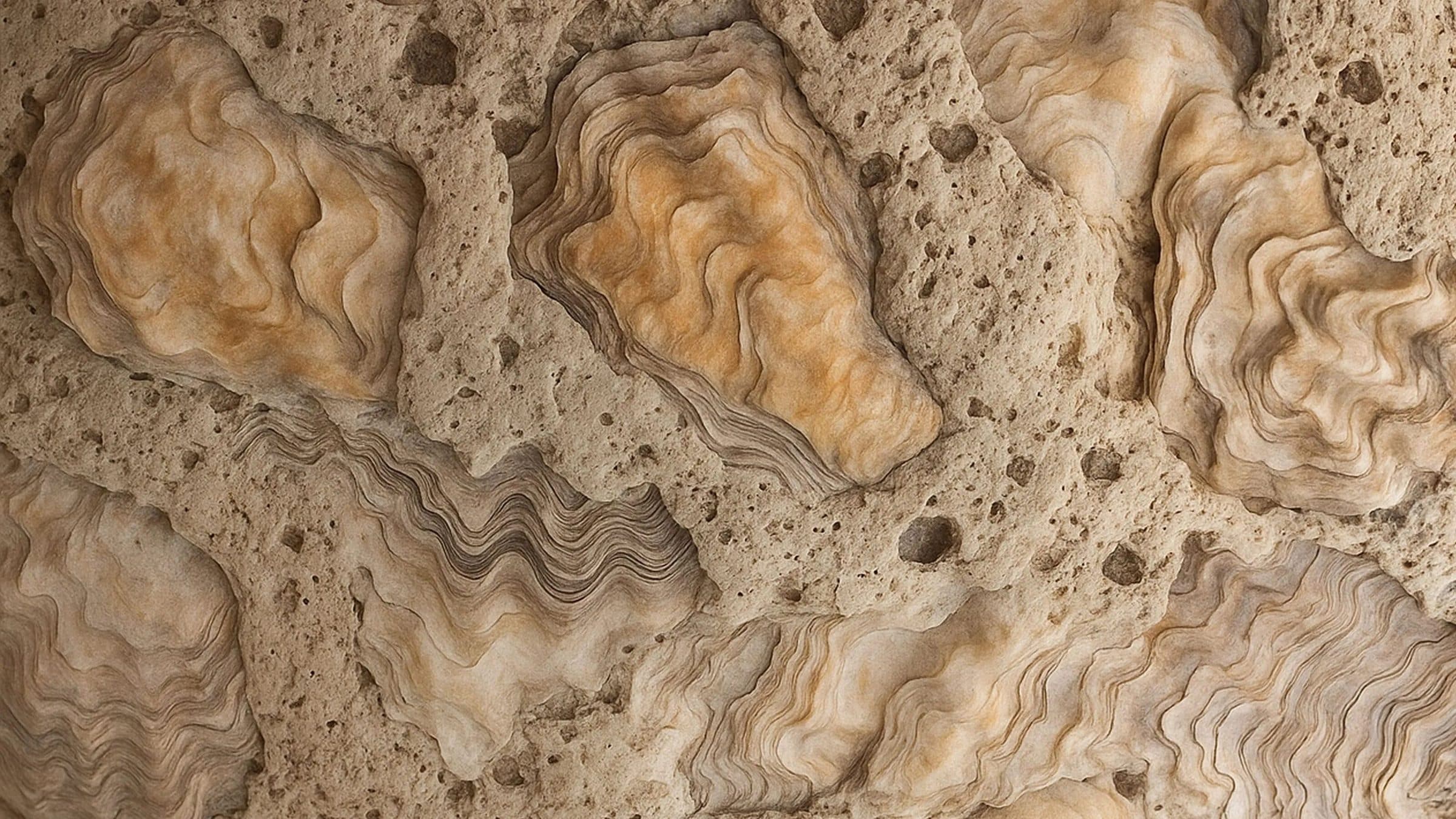 Oyster shells set into a sandy, porous surface, in orange, cream and brown tones.