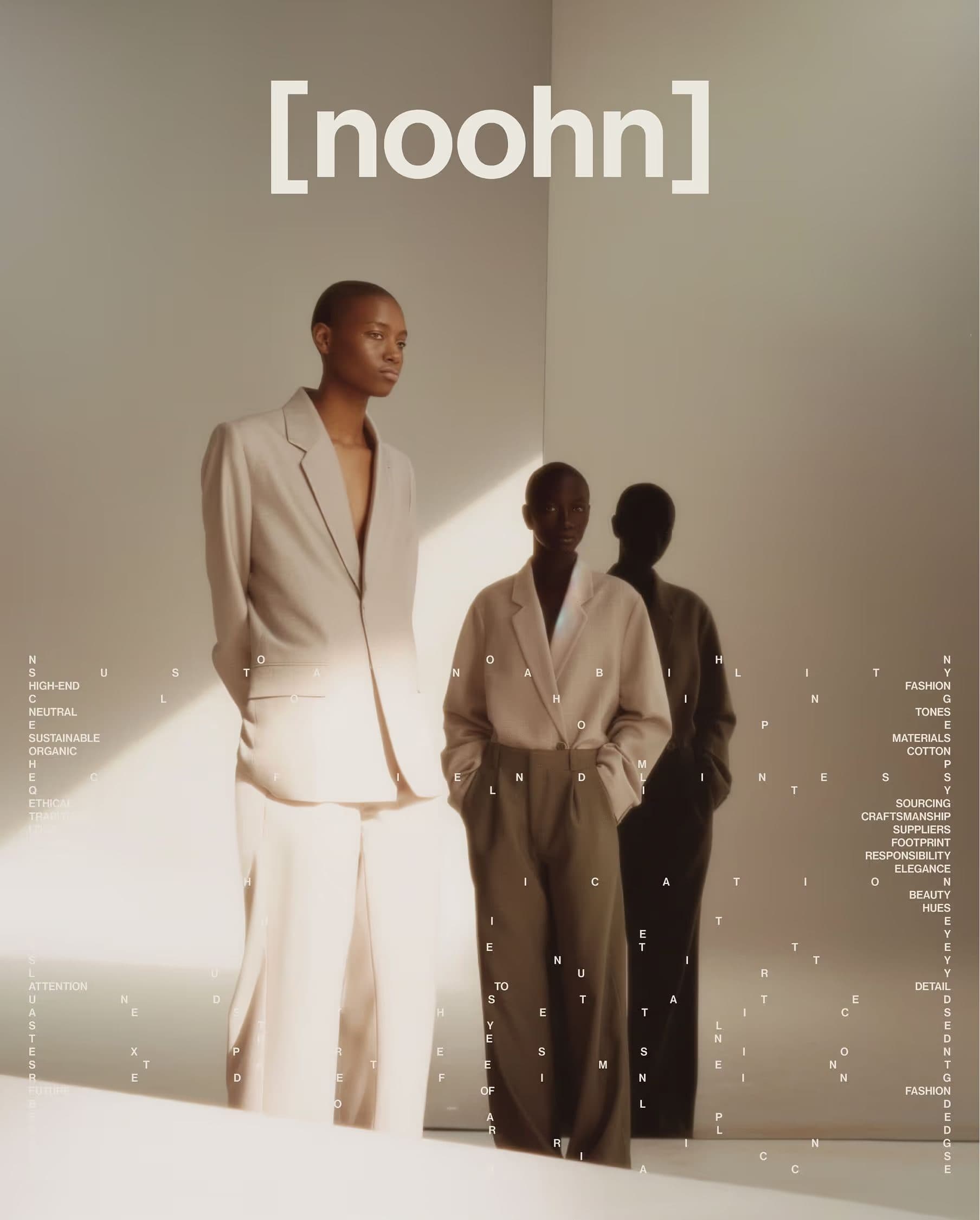 Two people in cream and brown tailoring stand in warm light beside a shadow, with the noohn wordmark above.