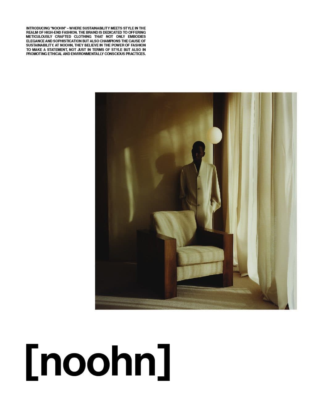 A white page with a small block of text at the top, a square photograph of a cream armchair and the noohn wordmark below.