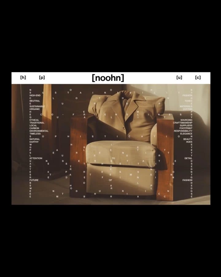 A black page with a white navigation bar and the noohn wordmark over a picture of a cream armchair.