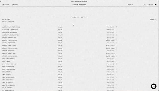 The Sample Eyewear collection page: a list of frames by name and colorway with prices, over a blurred portrait.