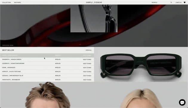 The Sample Eyewear home page: a red frame in close-up, a best seller list, a black frame with grey lenses and two portraits.