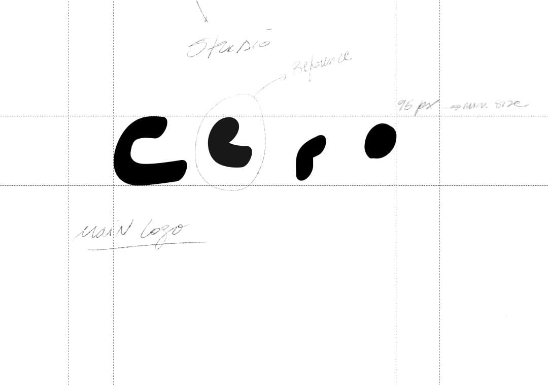 The word cero drawn in thick rounded black shapes on a white grid, with pencil notes around it.