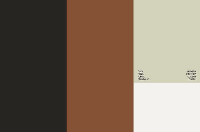 Colour swatches in charcoal, rust brown, pale sage and off-white, with the values printed on the sage block.