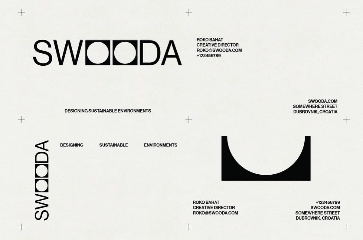 A sheet printed with the Swooda wordmark, contact details, the line Designing Sustainable Environments and a black half-circle shape.