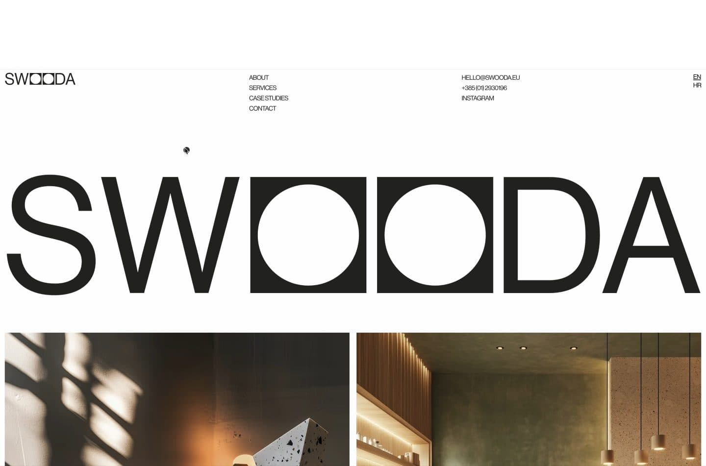 A website home page with a small Swooda logo and a menu above the wordmark at full width, and two interior photographs below.
