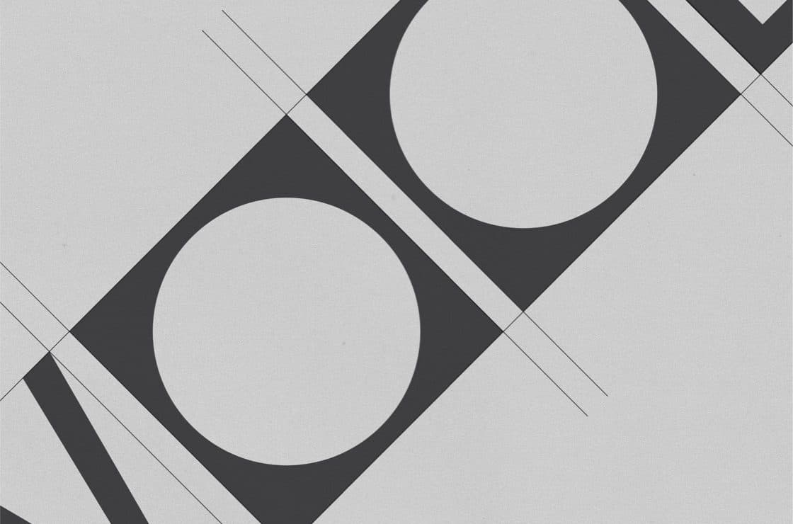 Two large circles inside black squares from the Swooda wordmark, set on a diagonal over fine construction lines on pale grey.