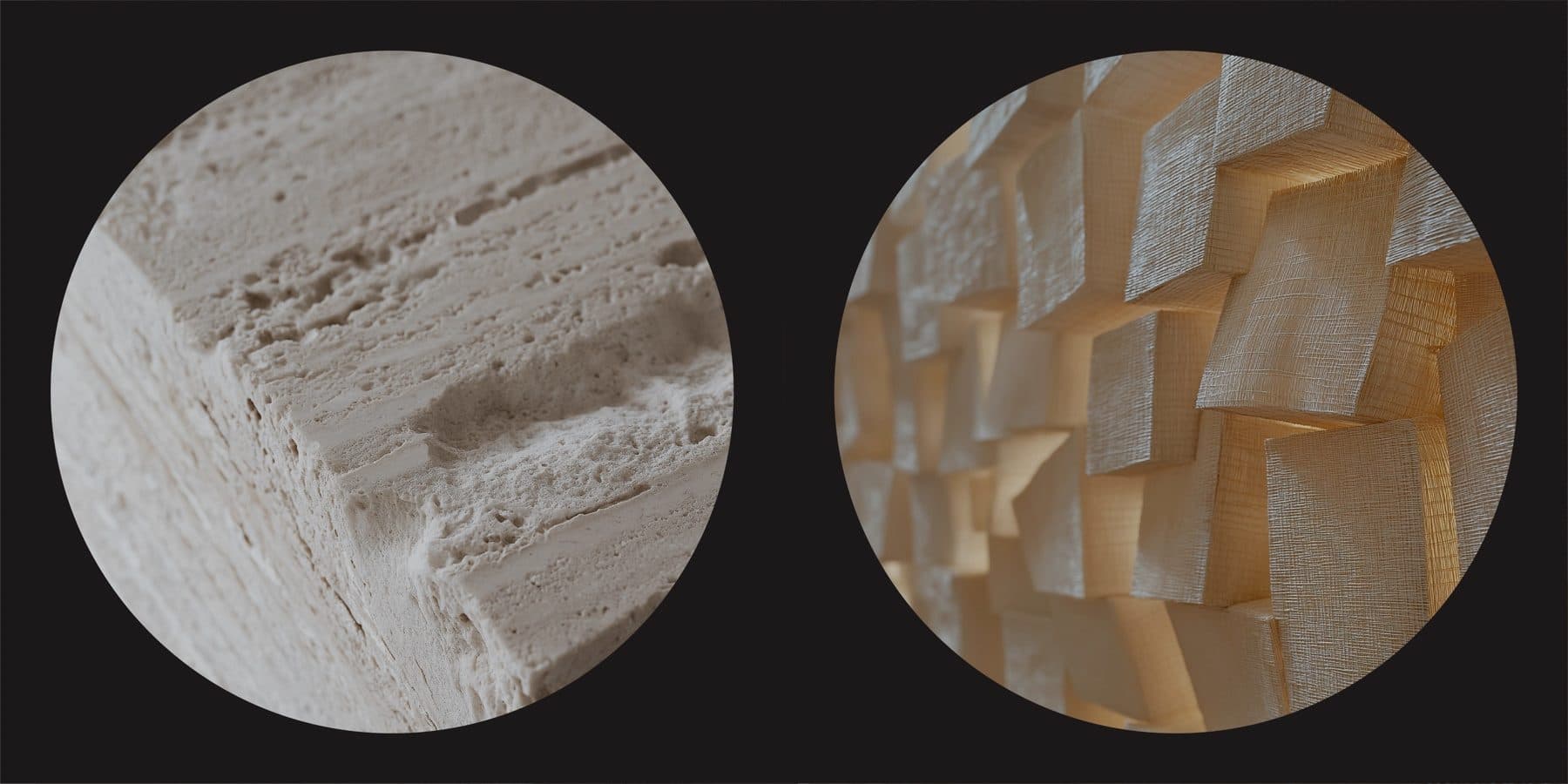 Two round photographs on a black ground: a close view of layered pale stone and a wall of small lit timber blocks.