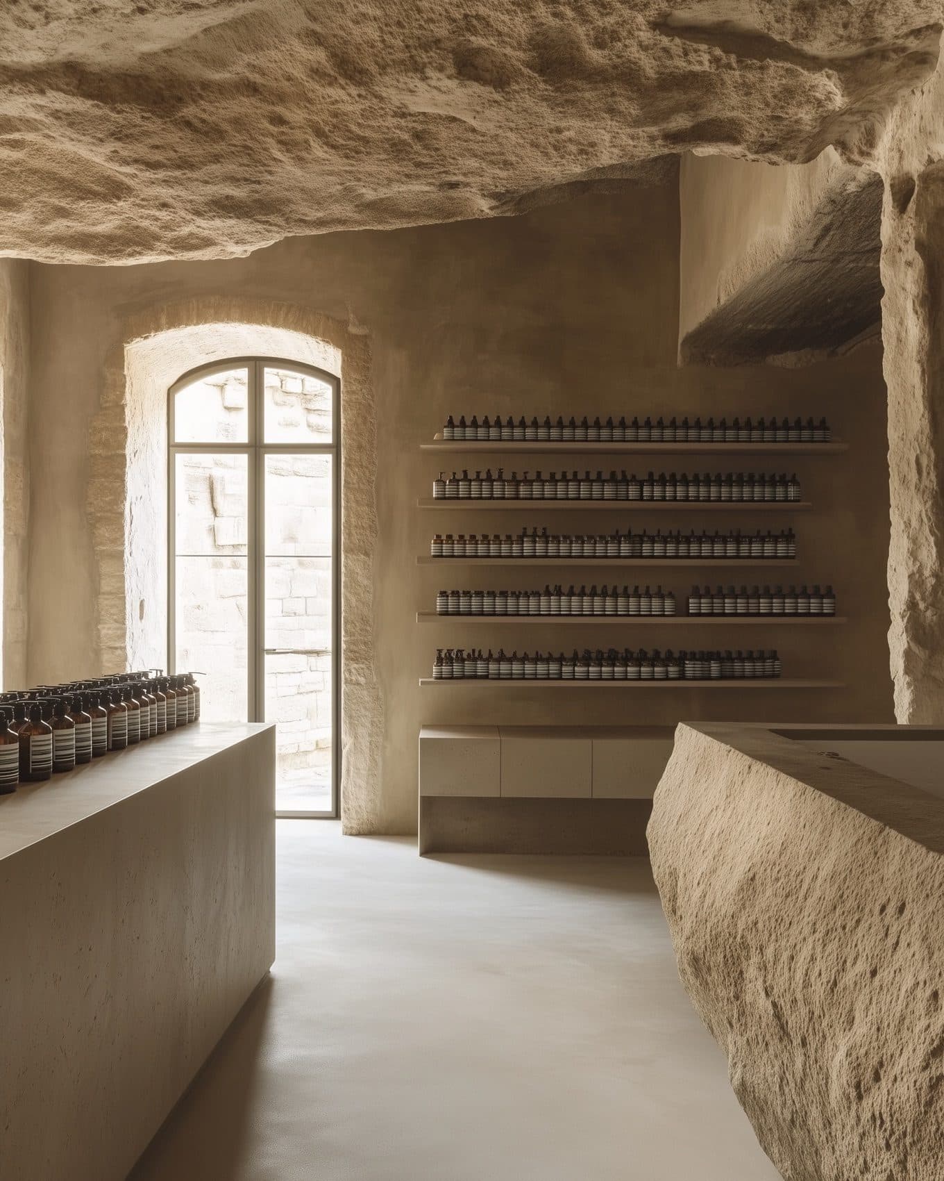 A sandstone room carved like a cave, with an arched window, a long stone counter and shelves of small dark bottles.