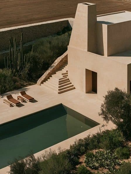 Aerial view of a sand-coloured modern villa with a pool and terraces.
