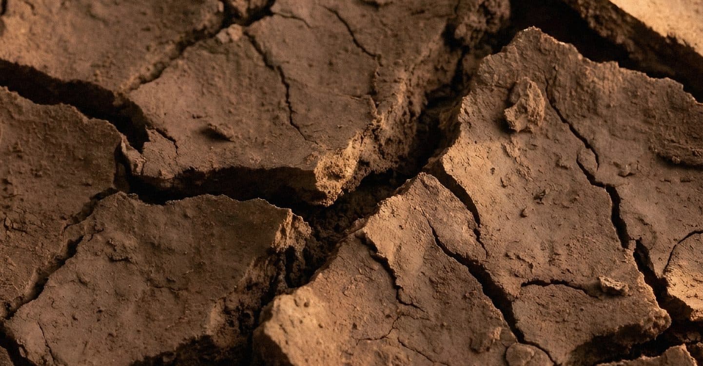 Close-up of dry, cracked earth in warm brown light.
