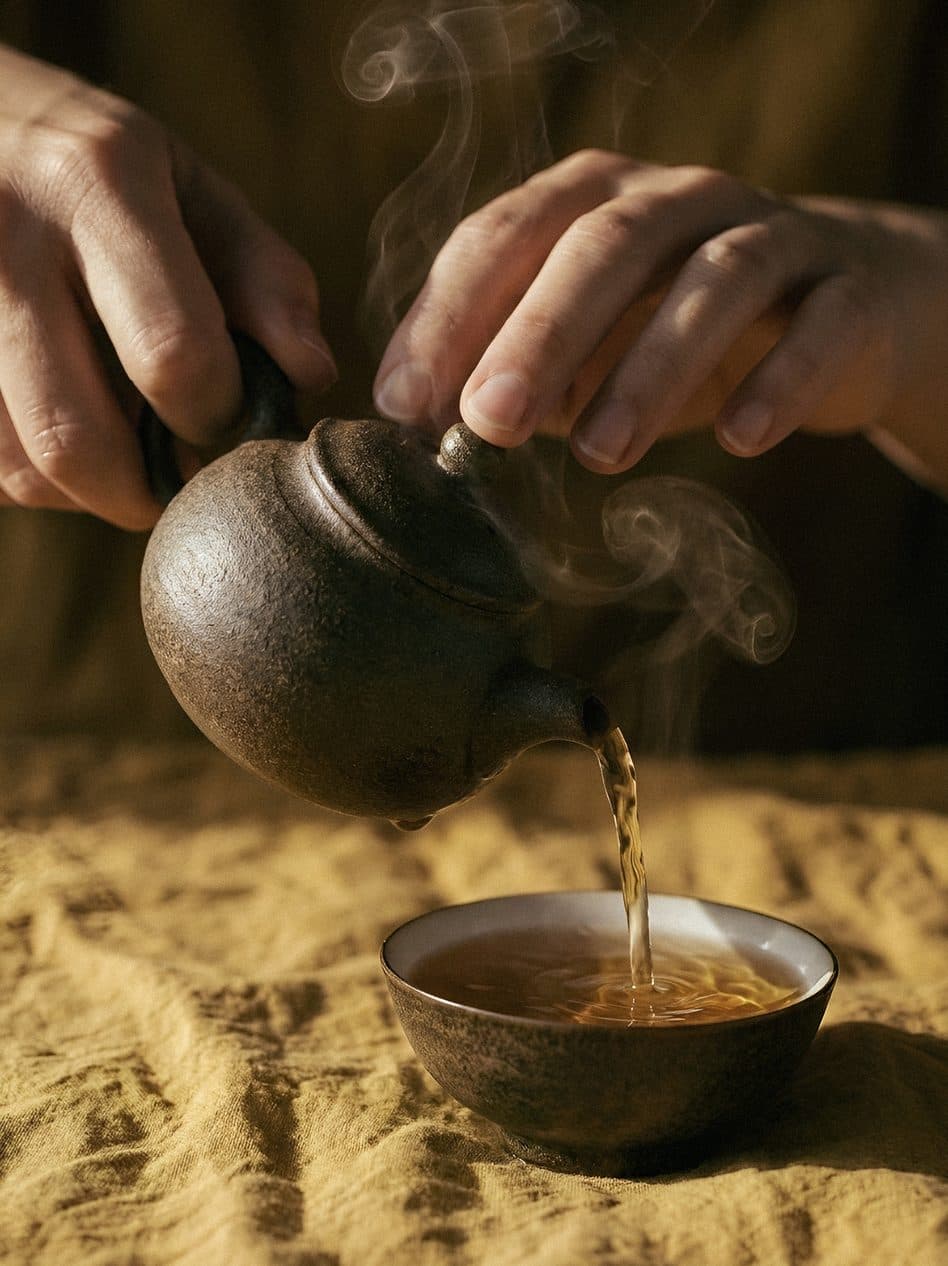 Hands pour tea from a dark clay teapot into a bowl on sand-coloured linen, with steam rising.