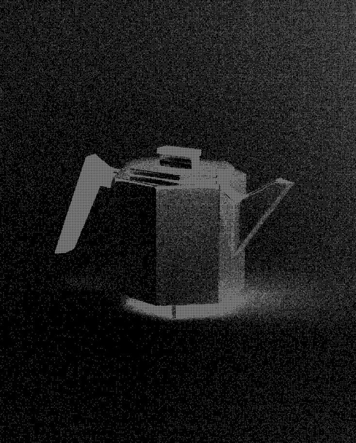 A dithered black and white photograph of an angular teapot on a dark ground.
