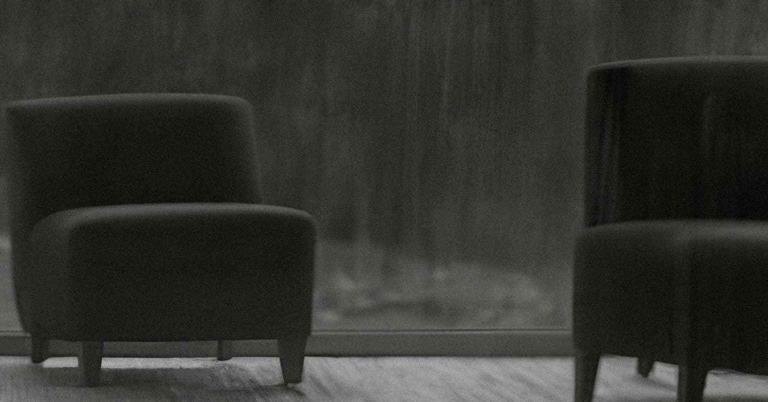 Two dark armchairs on a woven mat in front of a glass wall, with blurred trees beyond the glass.