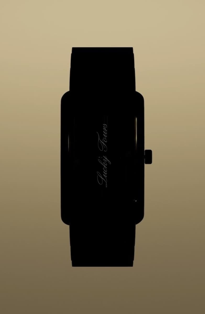 A black watch case on a gold gradient with a script wordmark