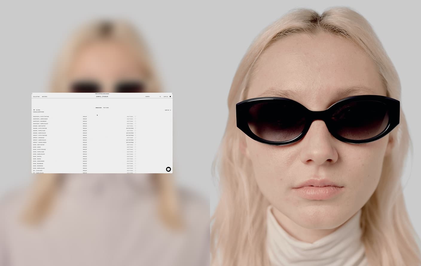 A blonde model in dark sunglasses against a pale grey backdrop